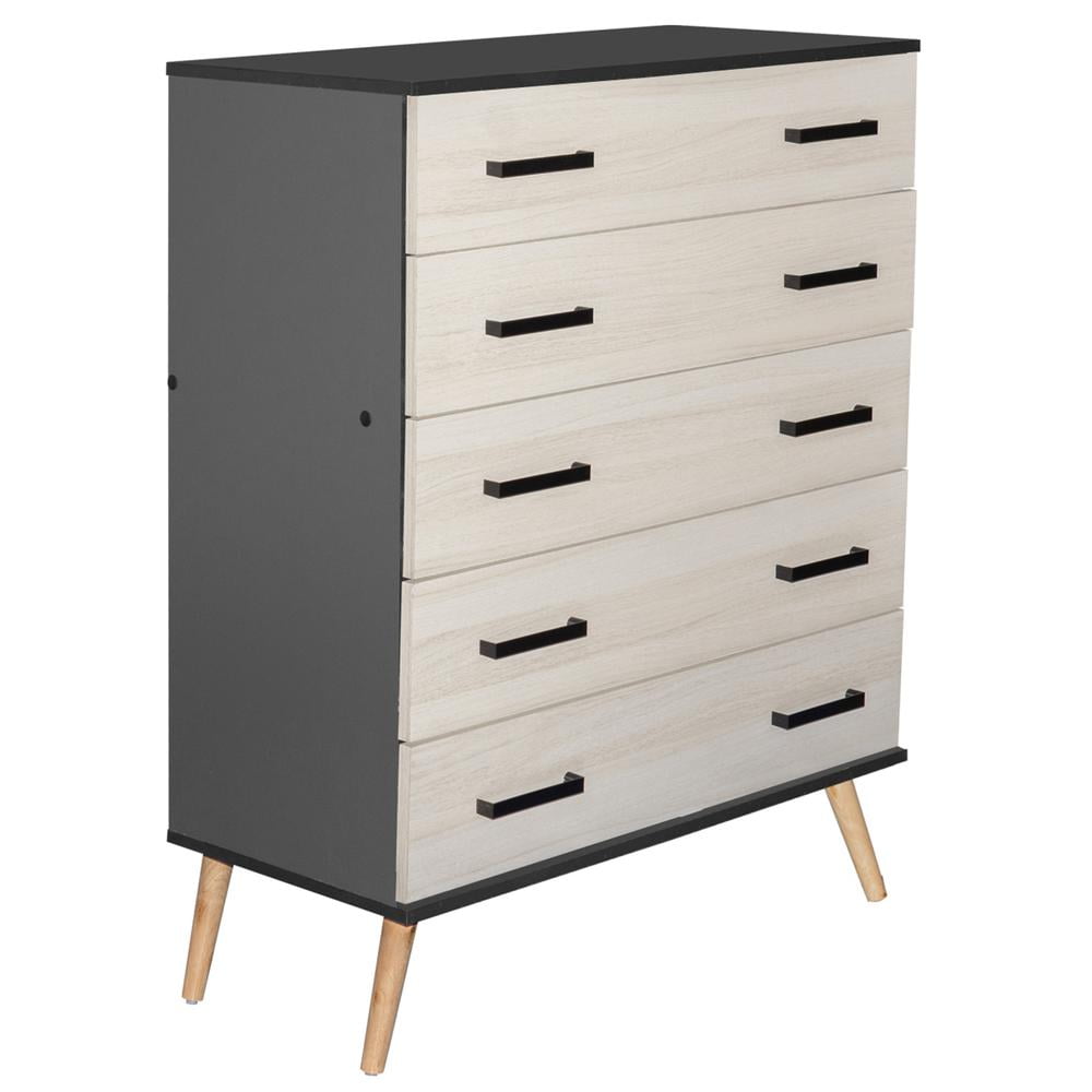 Dark Gray and Honey Oak Mid-Century 5-Drawer Chest