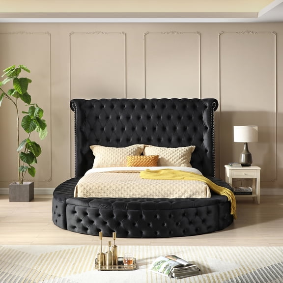 Elizabeth Upholstered Velvet Round Storage King Size Bed in Black Color