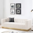 thumbnail image 1 of Better Home Products Foxy Velvet Sofa with Gleaming Gold Steel Base in Blue, Fully Assembled (Cream), 1 of 9