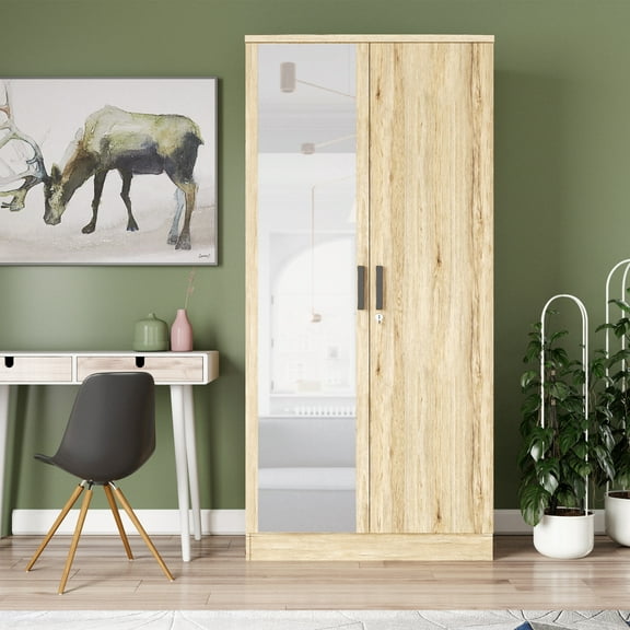 Better Home Products Harmony Two Door Armoire Wardrobe w / Mirror in Natural Oak