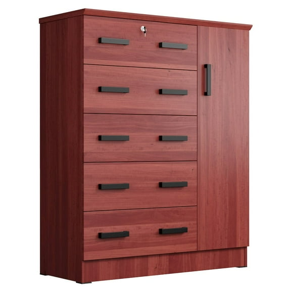 Better Home Products JCF Sofie 5 Drawer Wooden Tall Chest Wardrobe in Mahogany