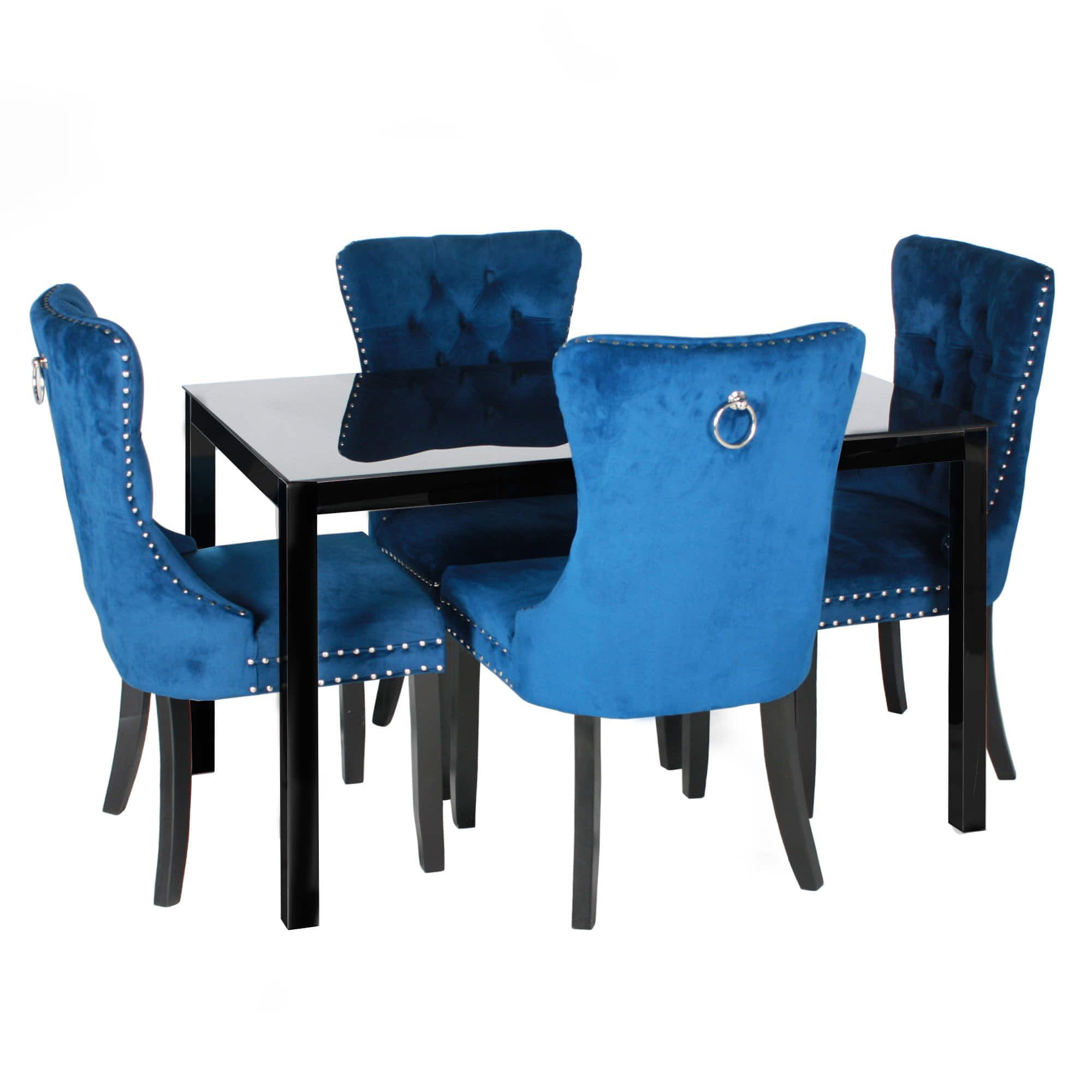 Better Home Products Lisa Glass Dining Table Set for 4 with Blue Velvet