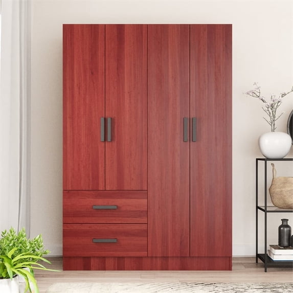 Better Home Products Luna Modern Wood 4 Doors 2 Drawers Armoire in Mahogany, 72in x 48in x 20in