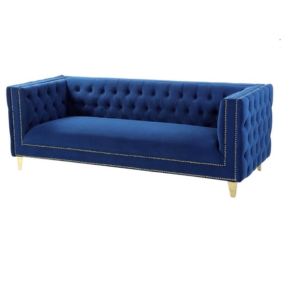 Better Home Products Luxe Upholstered Velvet Sofa with Gold Legs in Blue