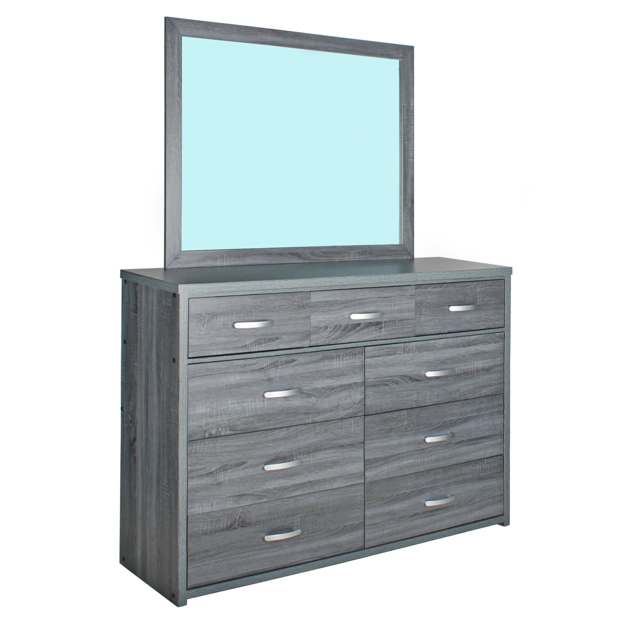 Modern Majestic 9-Drawer Double Dresser with Mirror in Silver Gray