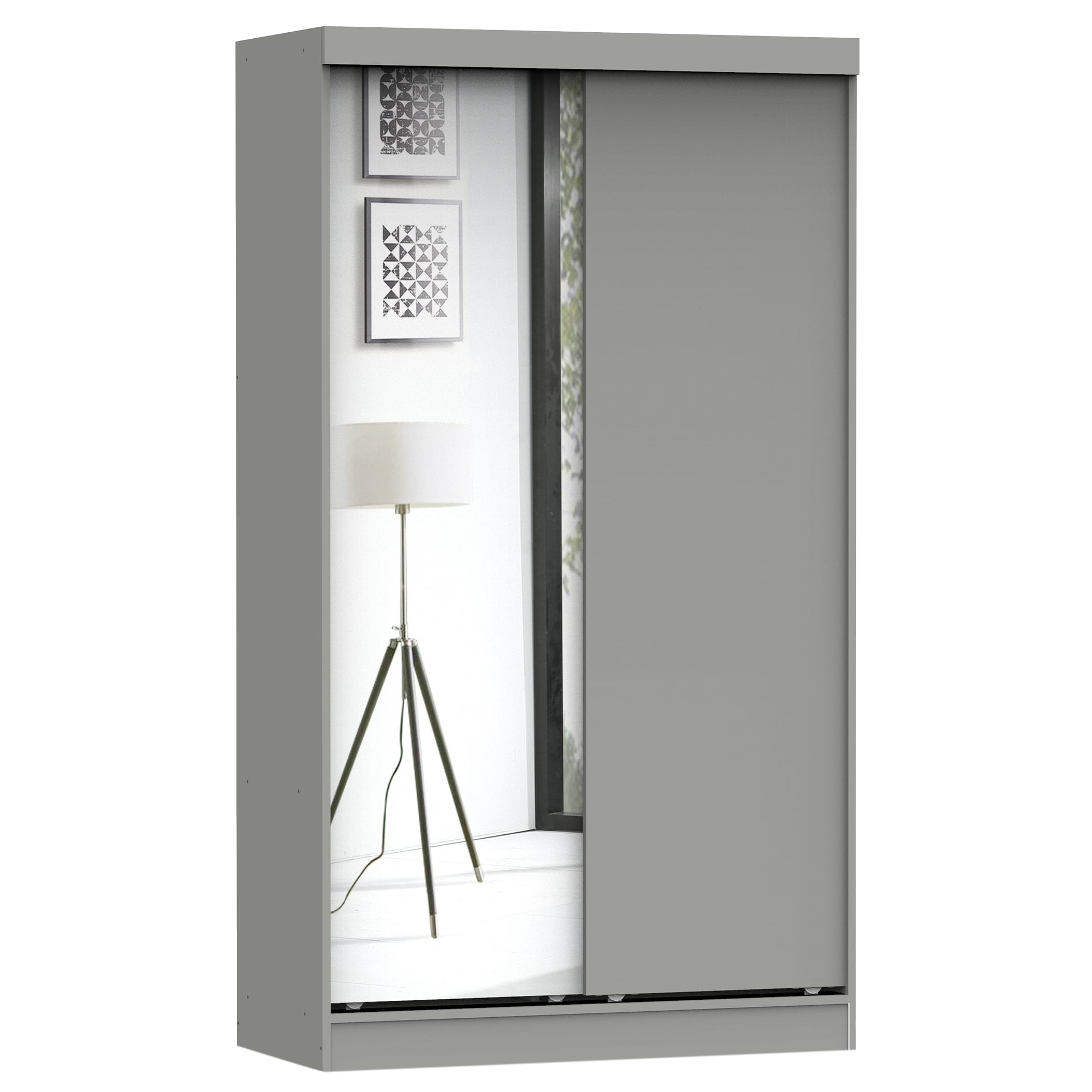 Transitional Light Gray Double Sliding Door Wardrobe with Mirror