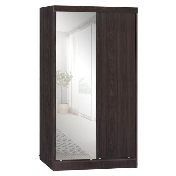 Better Home Products Mirror Wood Double Sliding Door Wardrobe in Light Gray