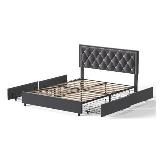 Better Home Products Monica 4-Drawer Velvet Queen Size Platform Bed in Gray