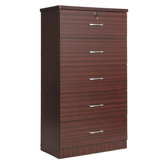 Better Home Products Olivia Wooden Tall 5 Drawer Chest Bedroom Dresser Mahogany