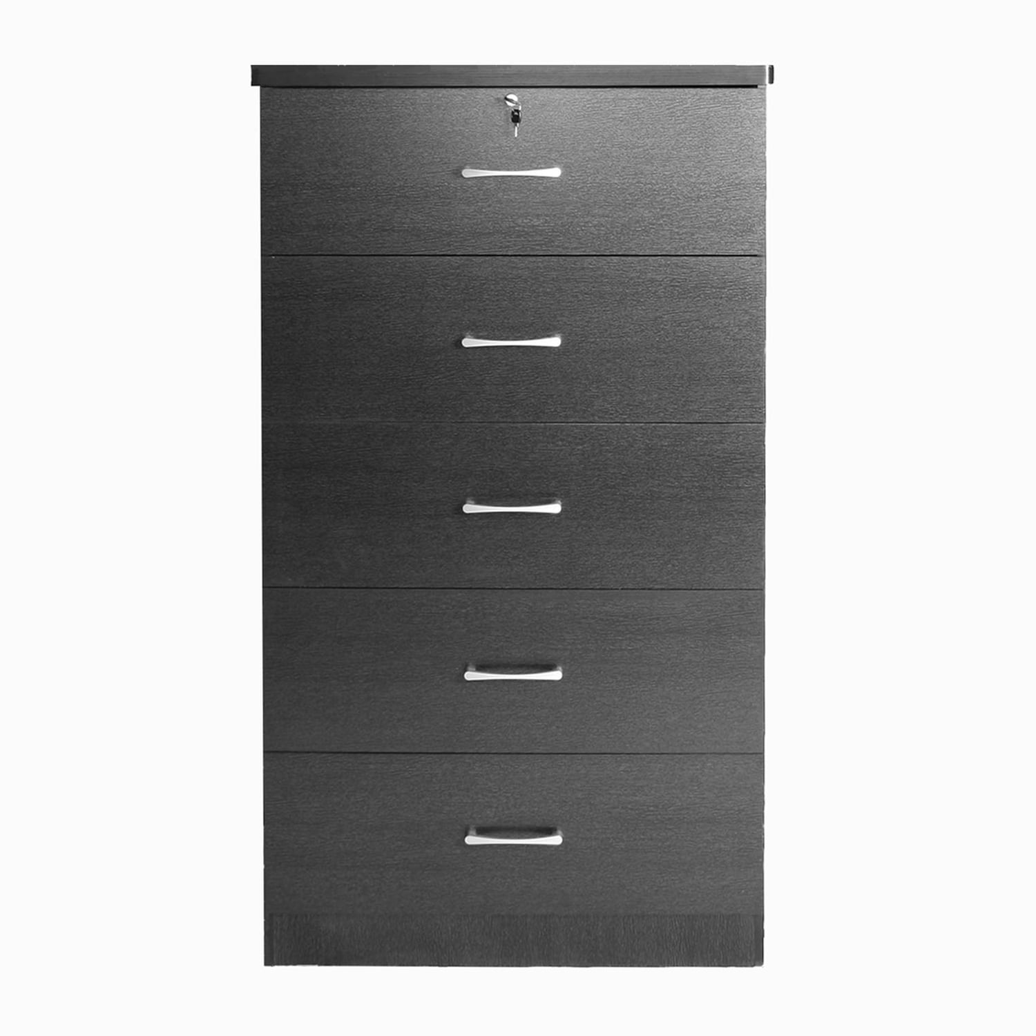 Olivia Tall Black Laminated Wood 5-Drawer Dresser with Metal Glides