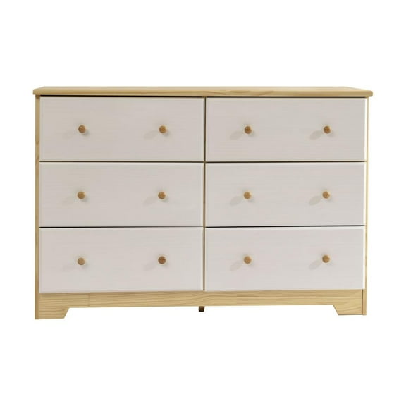 Better Home Products Solid Pine Wood 6 Drawer Double Dresser in Natural & White.