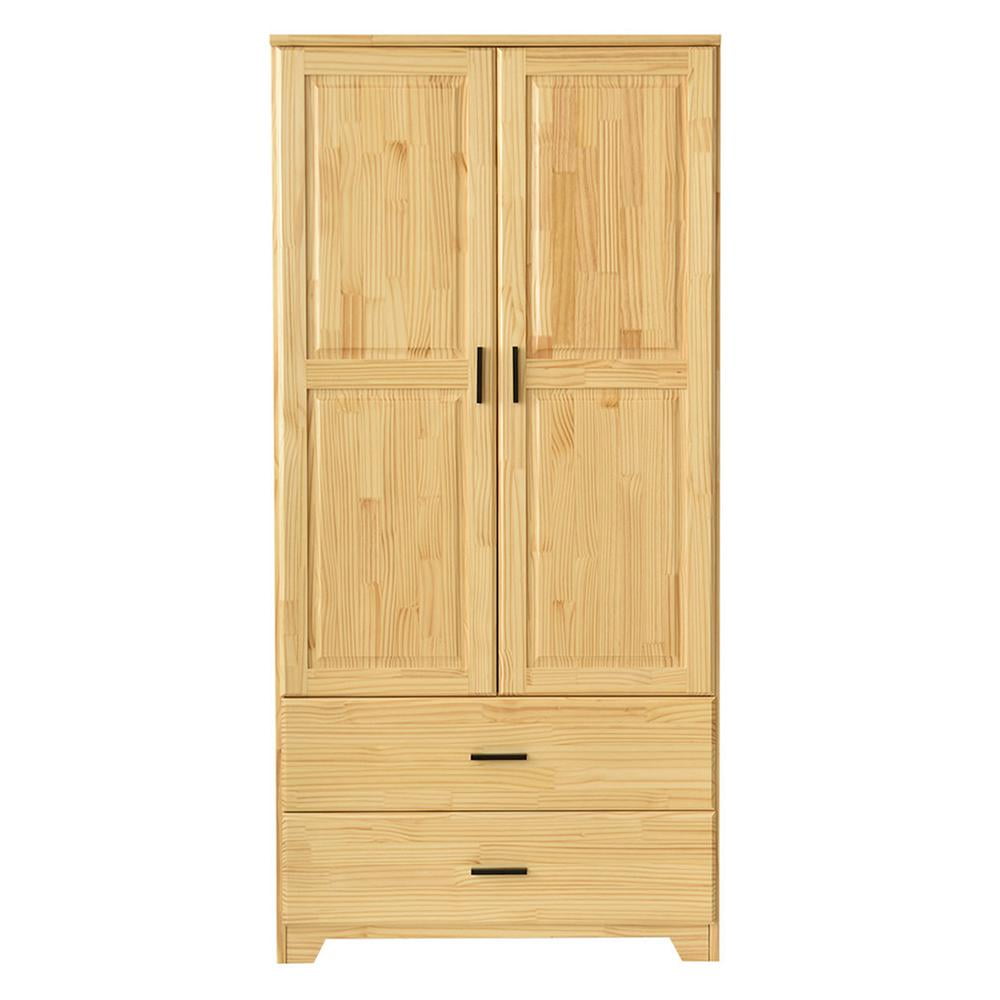 Natural Pine Wood Closet with Raised Panel Doors and Drawers
