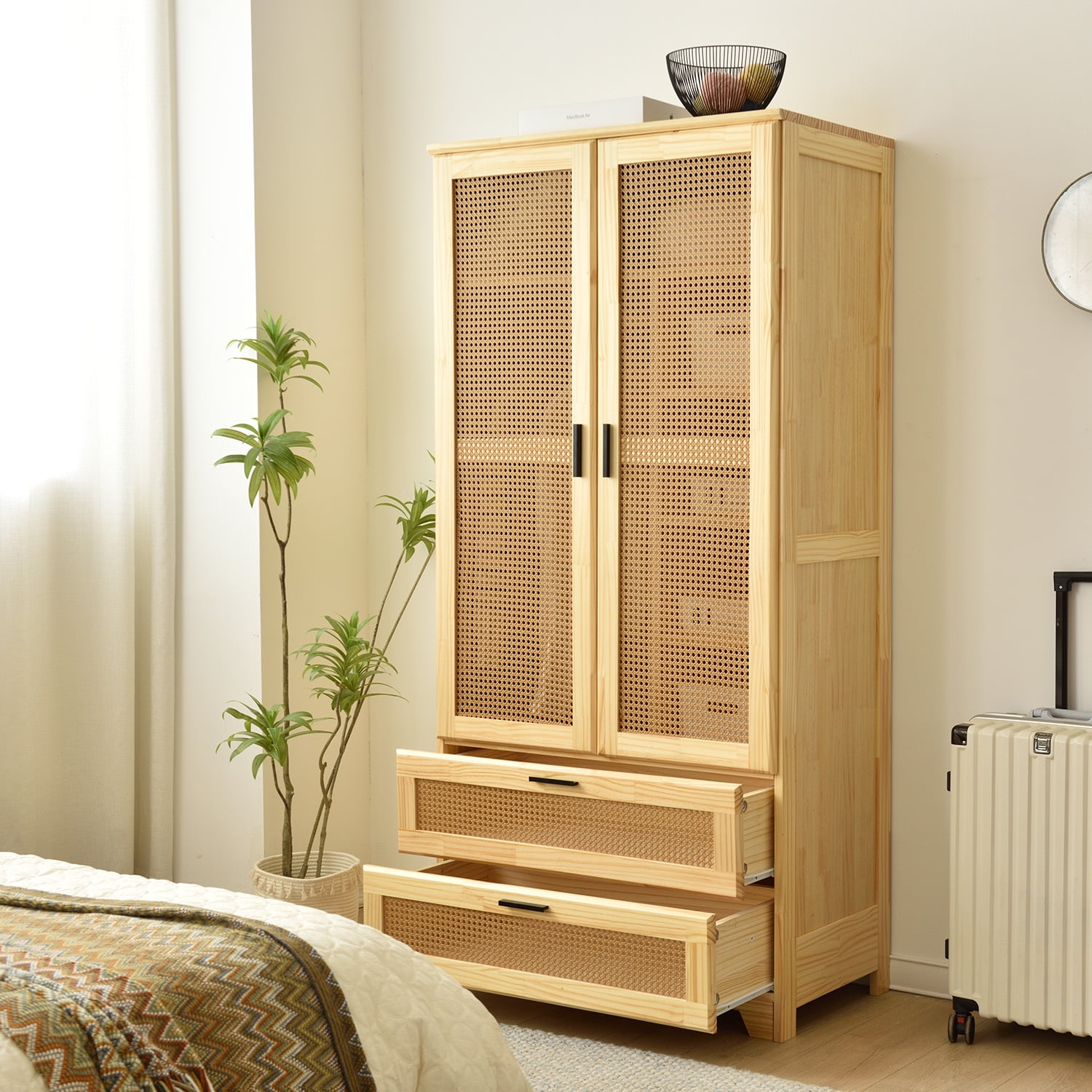 Natural Pine Wood Closet with Rattan Doors and Drawers