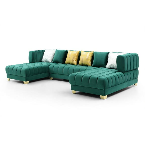 Marigold Green Velvet U-Shaped Double Chaise Sectional Sofa Gold or Silver Legs