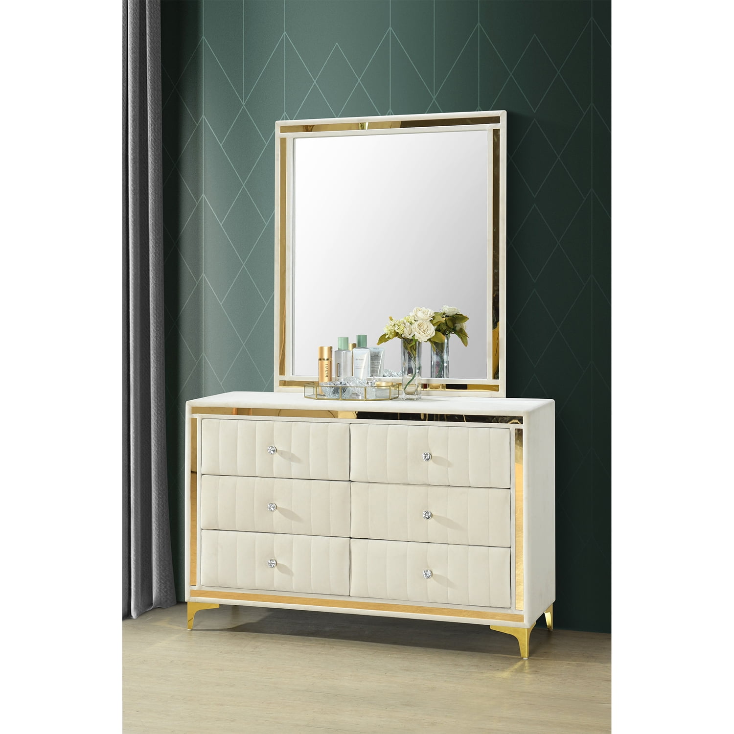 Better Home Products Velvet 6 Drawer Dresser with Gold Legs and