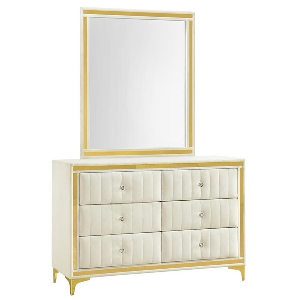 Cream Velvet 6-Drawer Dresser with Mirror and Gold Trim