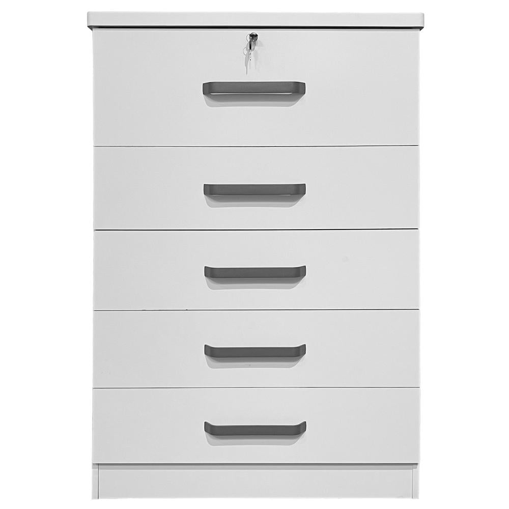 Mid-Century White Laminated 5-Drawer Chest with Lock