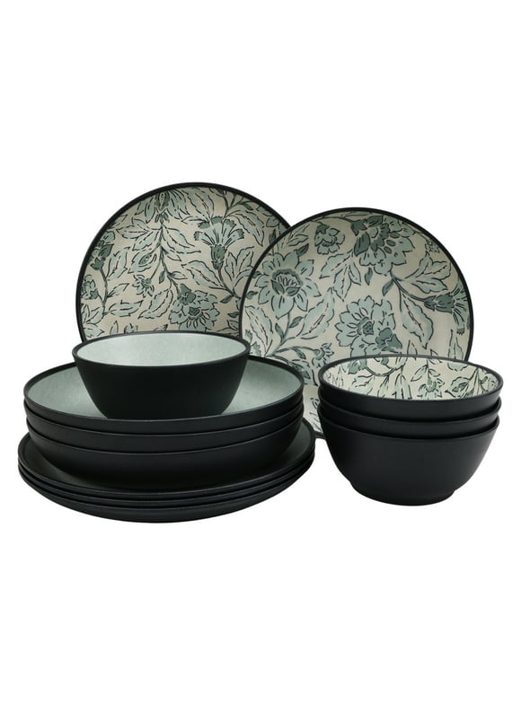 Better Homes & Garden 12-Pack Bamboo Melamine Dinnerware Set, Botanical and Linen Print