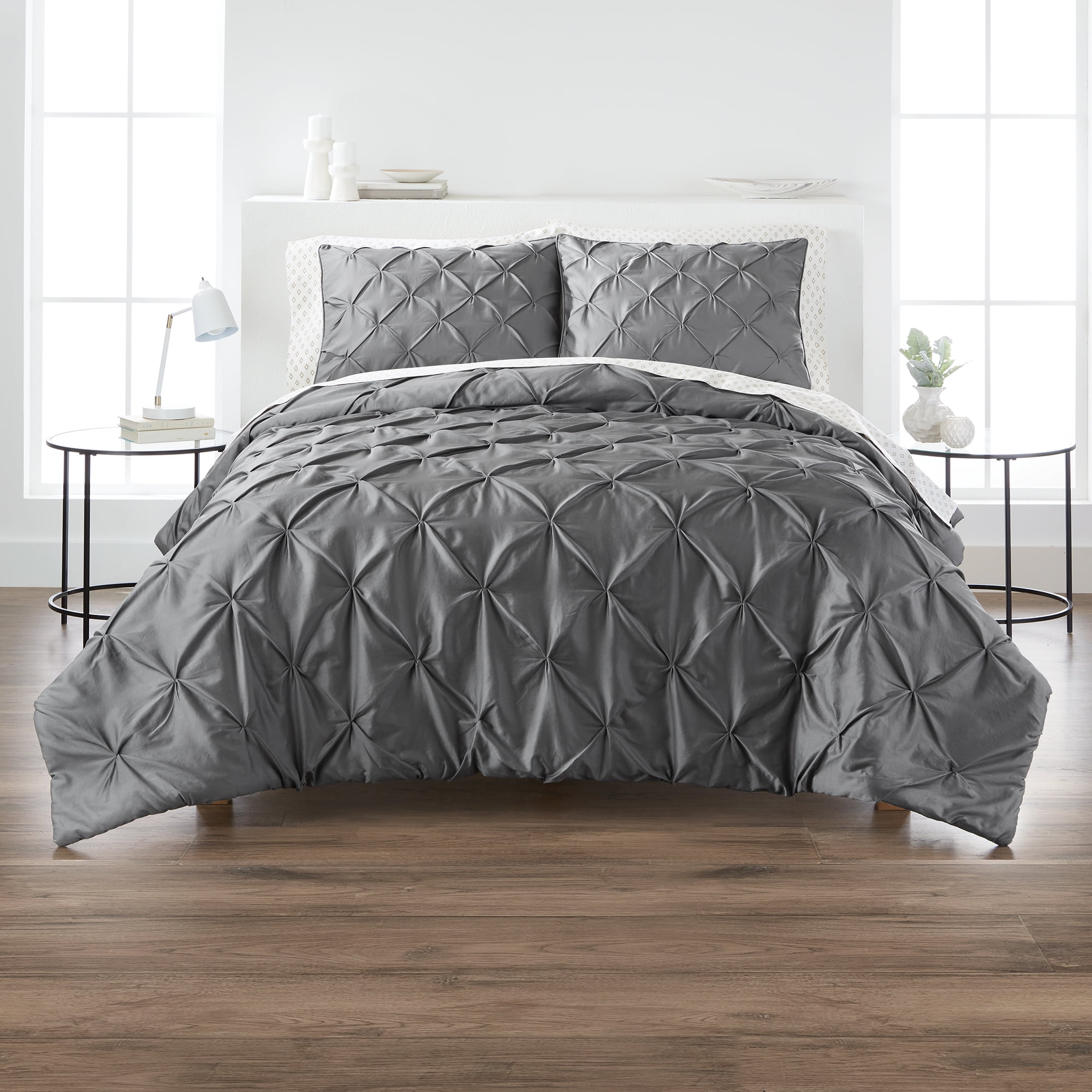 HIG 7 Pieces Modern Pintuck Comforter Set with Pleated Stripes King, Gray  Classic Down Alternative Bedding Set for Bedroom, All Season Bed in A Bag 