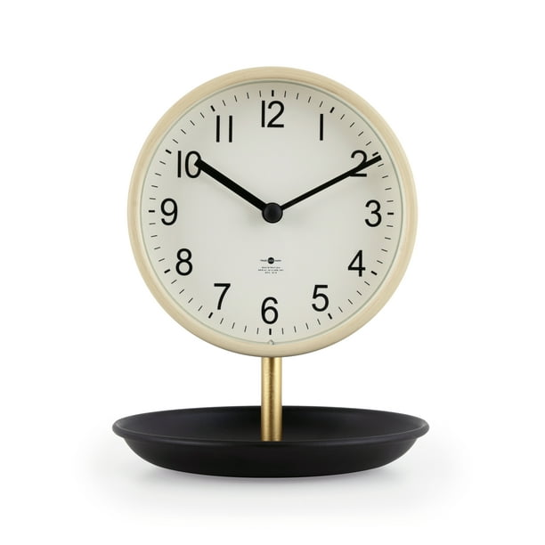 Better Homes & Garden Light Tan Finish and Black Tabletop Round Analog Dial Clock with Trinket Tray Base