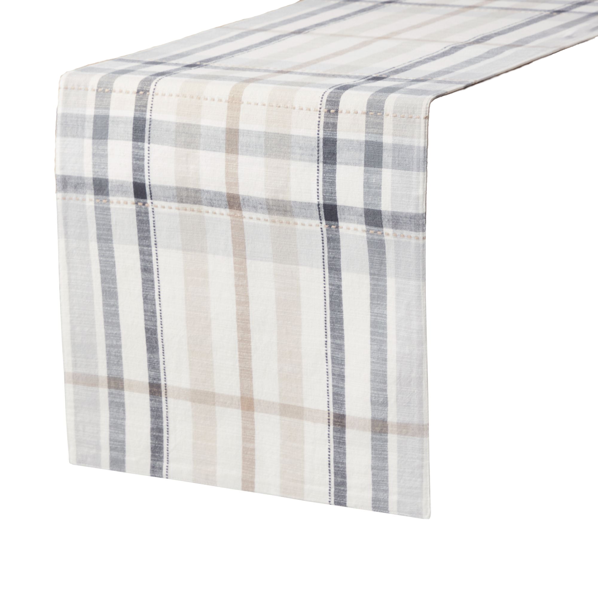 Beige and Gray Plaid Cotton Polyester Table Runner, 14"W x 90"L