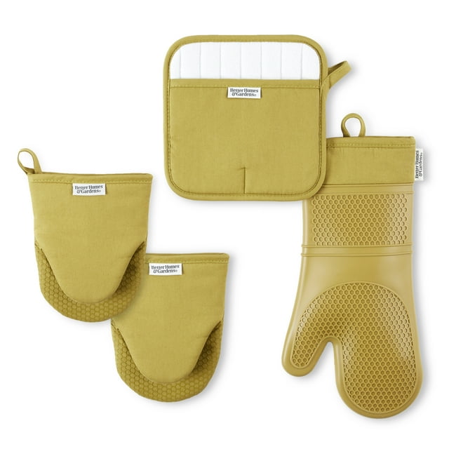 Better Homes & Gardens Honeycomb Silicone and Cotton Oven Mitt, Pot Holder, Mini Mitt Set, Green Saddle, 4 Pieces