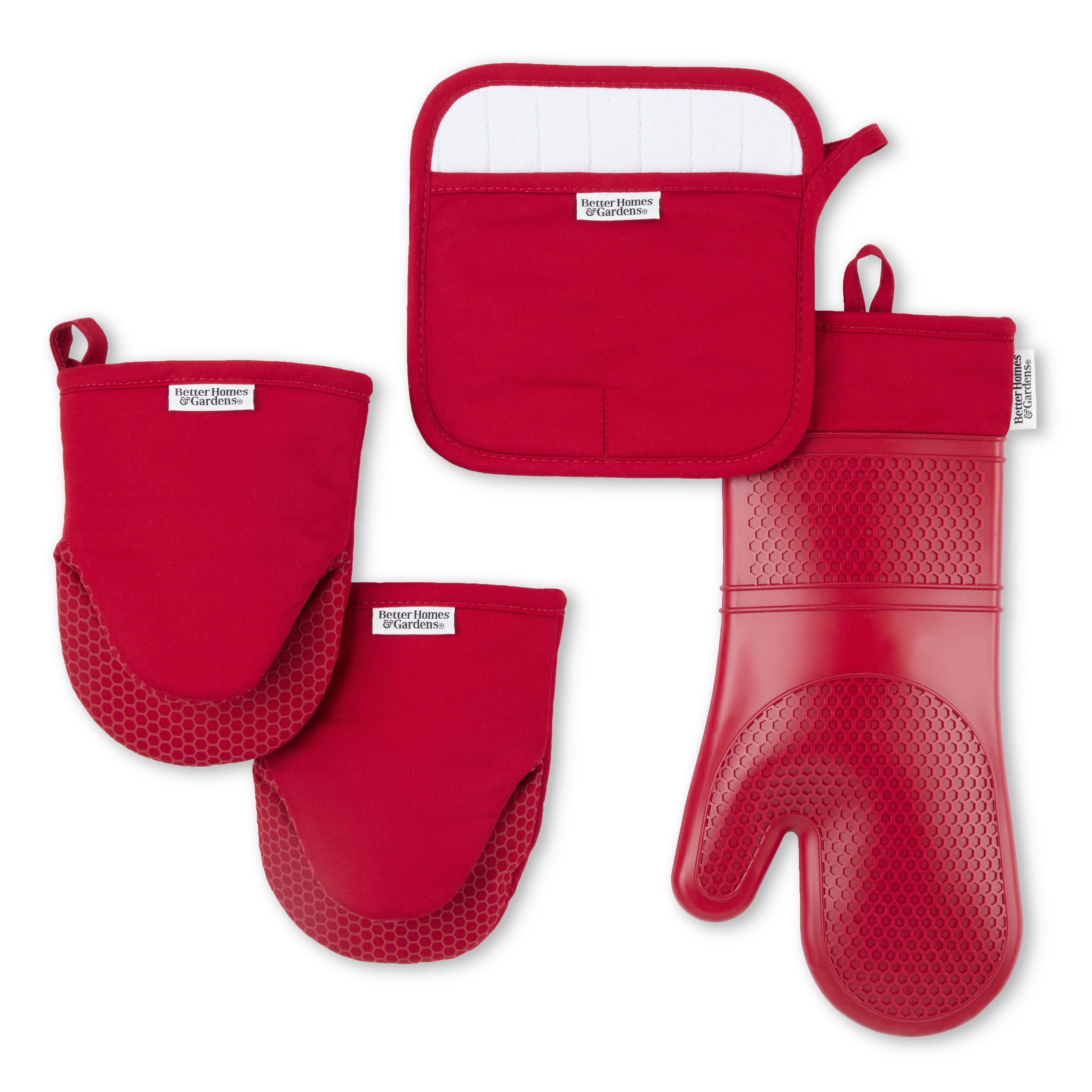 Better Homes & Gardens Honeycomb Silicone and Cotton Oven Mitt, Pot Holder, Mini Mitt Set, Rusty Brick, 4 Pieces