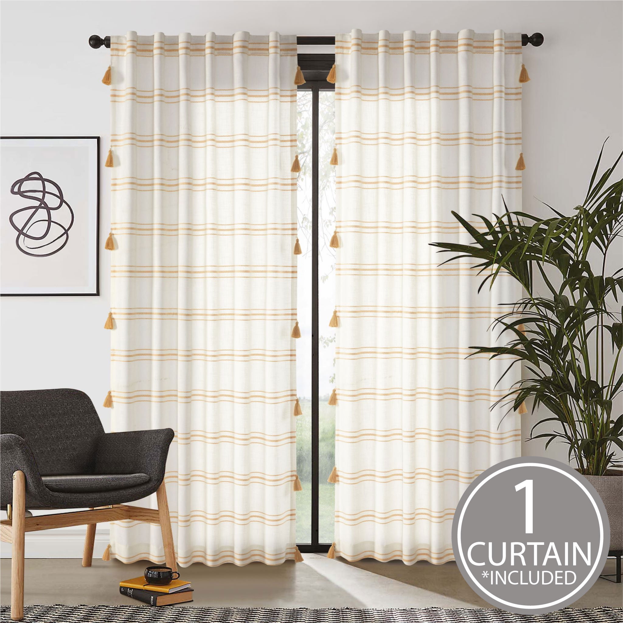 Better Homes & Gardens Polyester-Cotton Light Filtering Stripe Tassels Curtain Panel, 1-Piece, Yellow, 50" W x 95" L