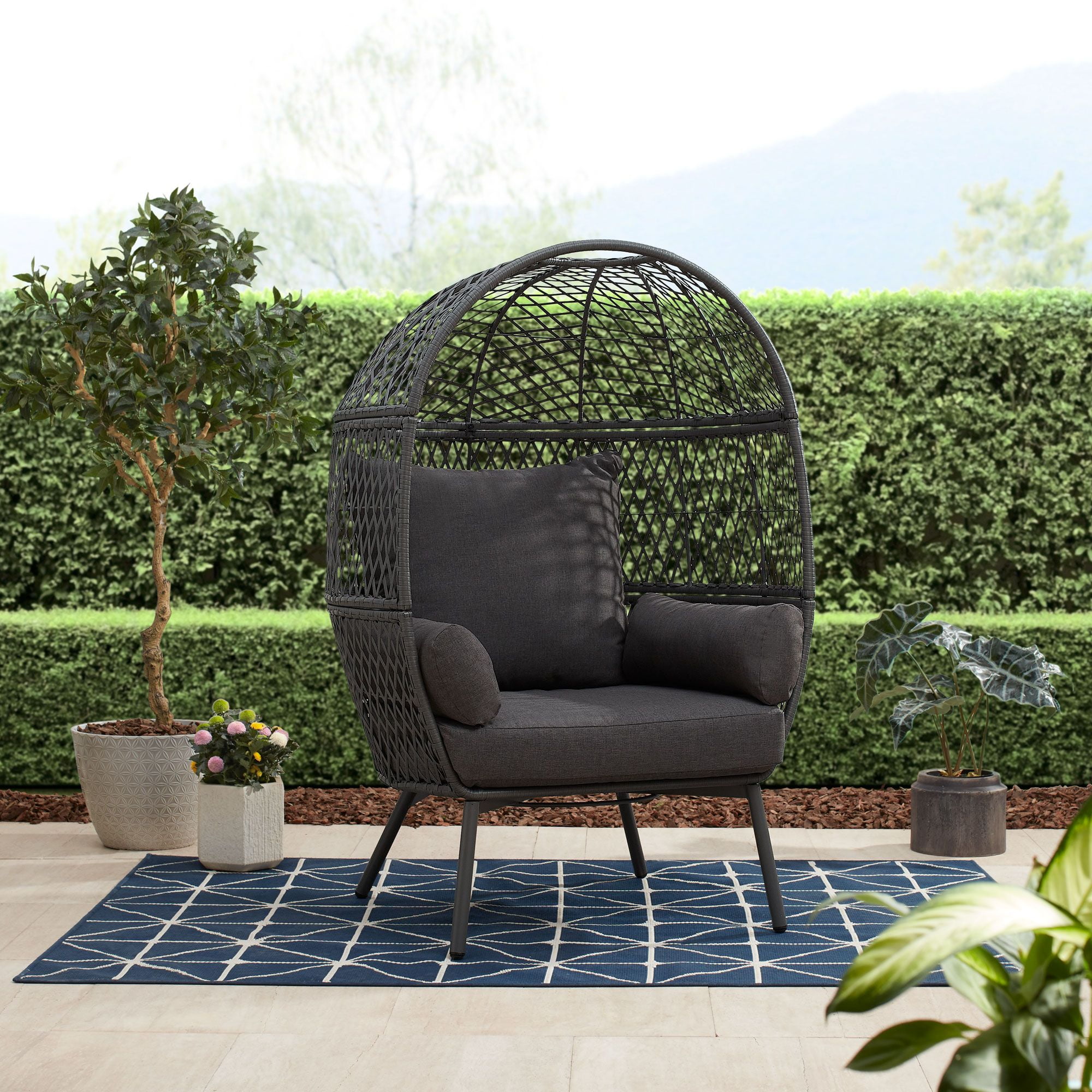 Better Homes Gardens Ventura Stationary Outdoor Wicker Egg Chair Gray Metal Patio Rattan Durable Weather Resistant