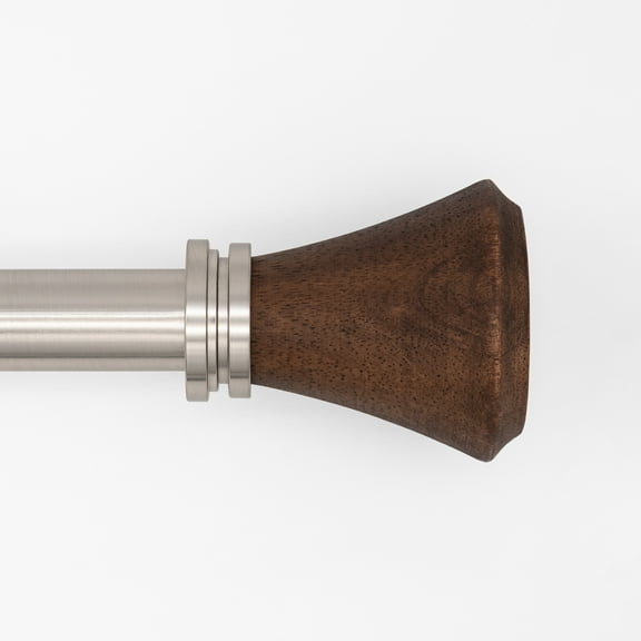 Better Homes & Gardens 1" Plated Brushed Nickel and Walnut Wood Trumpet Adjustable Single Curtain Rod Set, 42"-120"