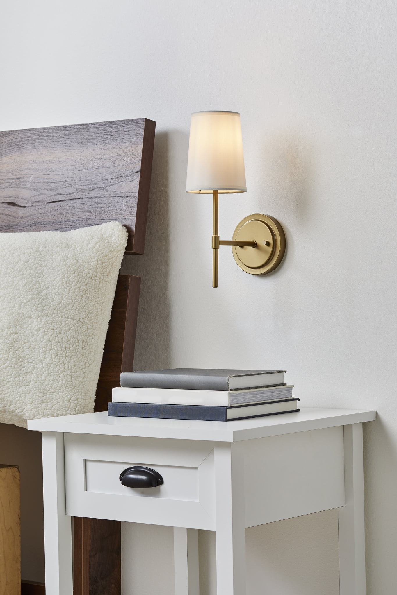 Better Homes & Gardens Brass 1-Light Indoor Wall Sconce with White Fabric Shade, Bulb Not Included