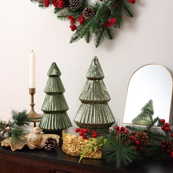 Better Homes & Gardens 10‘’ Decorative Tabletop Christmas Tree in Mercury Ribbed Green Glass, Small