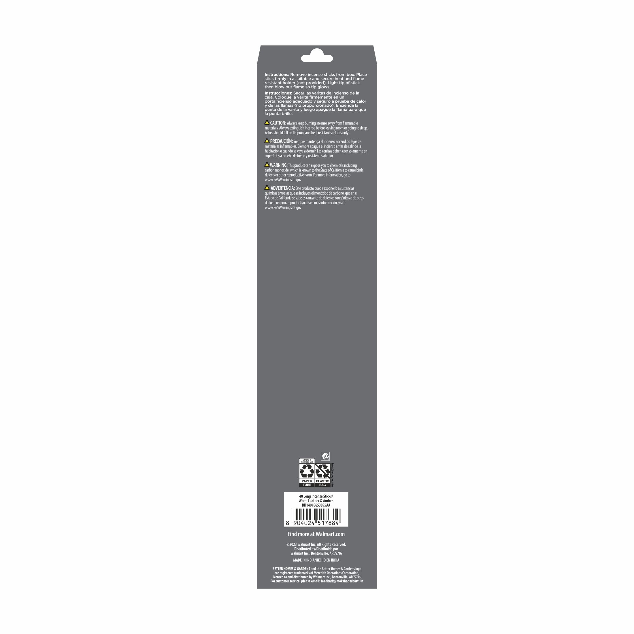 Better Homes & Gardens 10" Premium Charcoal Incense Sticks, Warm Leather & Amber, 40 Pack