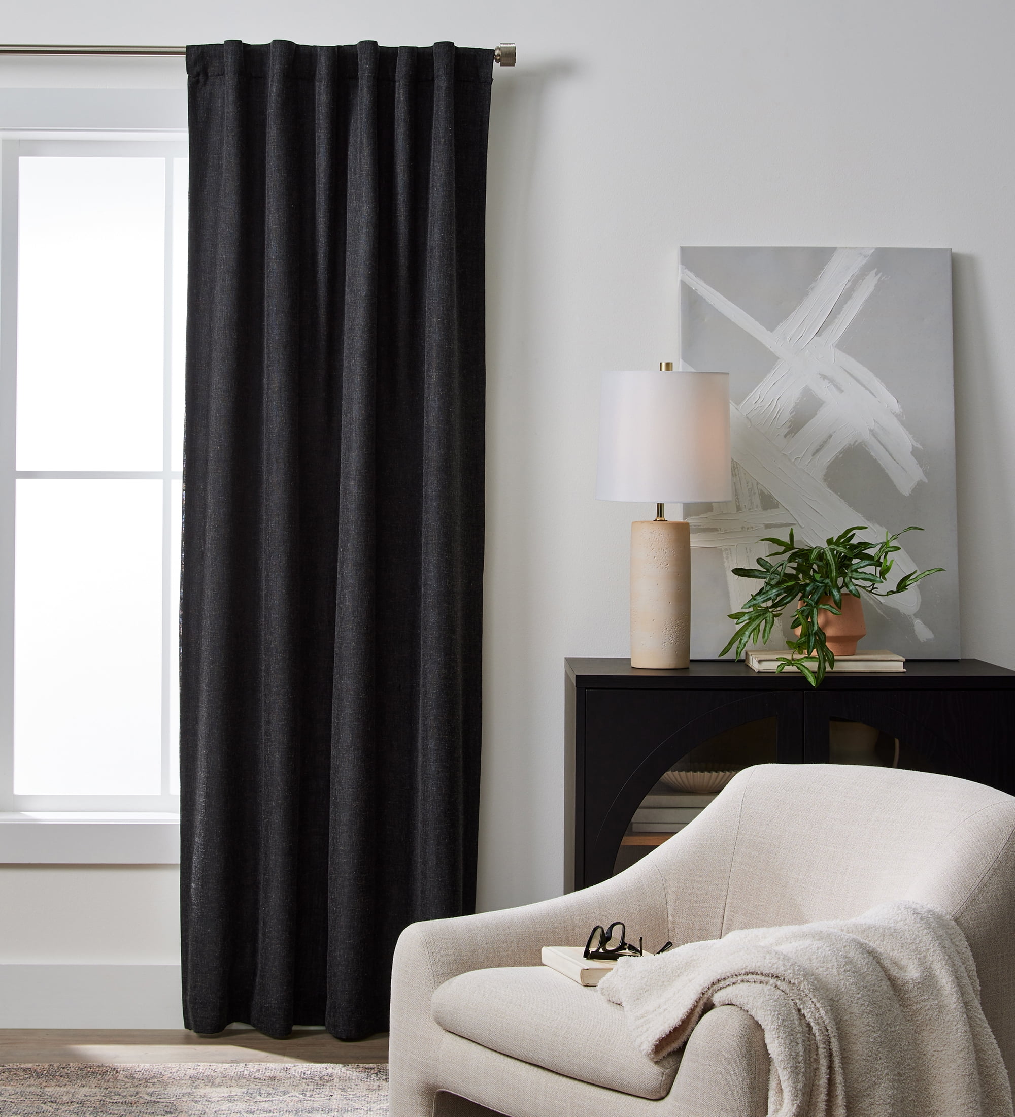 Better Homes & Gardens 100% Blackout Linen Blend Single Curtain, 50x63, Rich Black