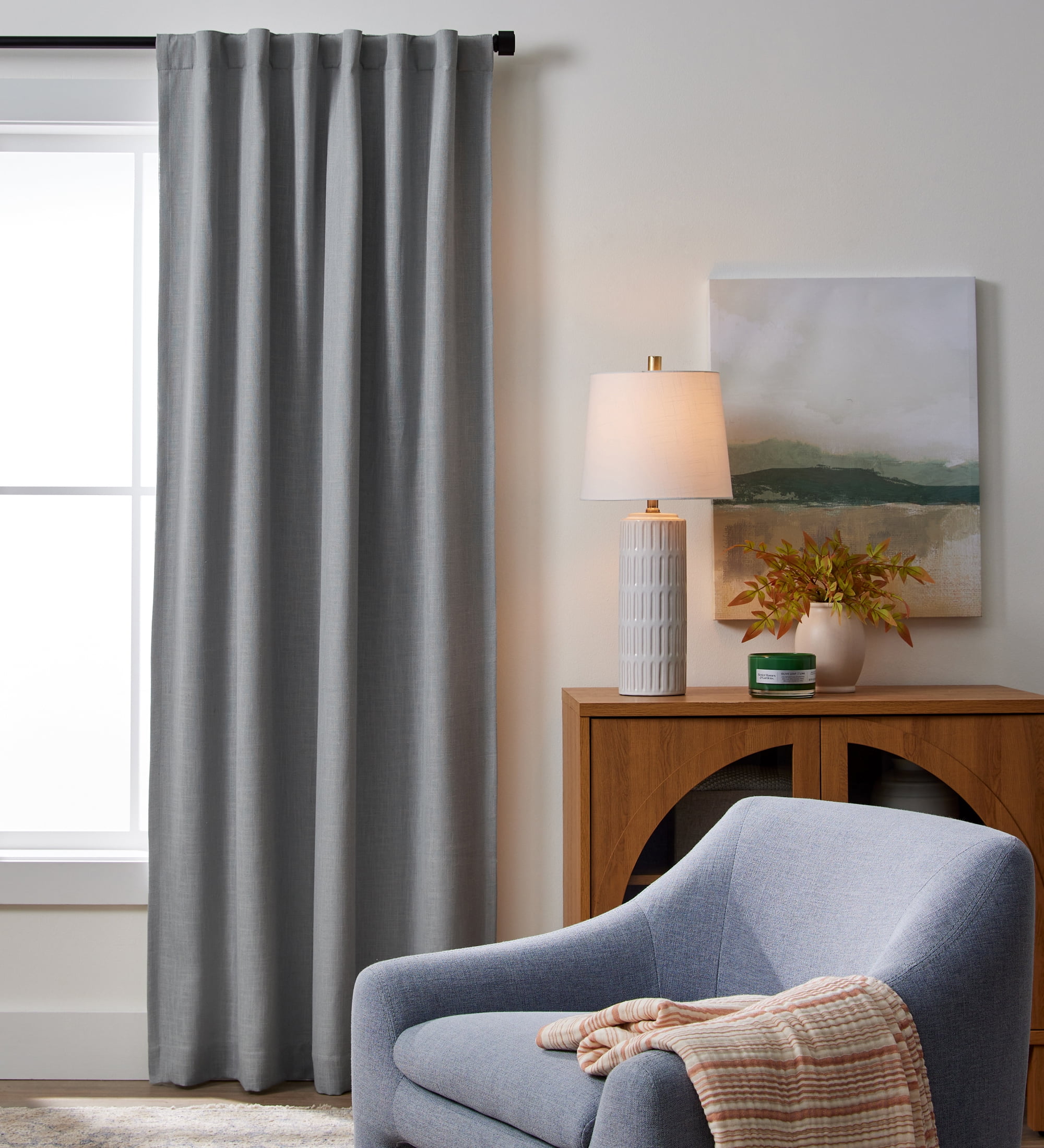 Better Homes & Gardens 100% Blackout Linen Blend Single Curtain, 50x84, Soft Silver