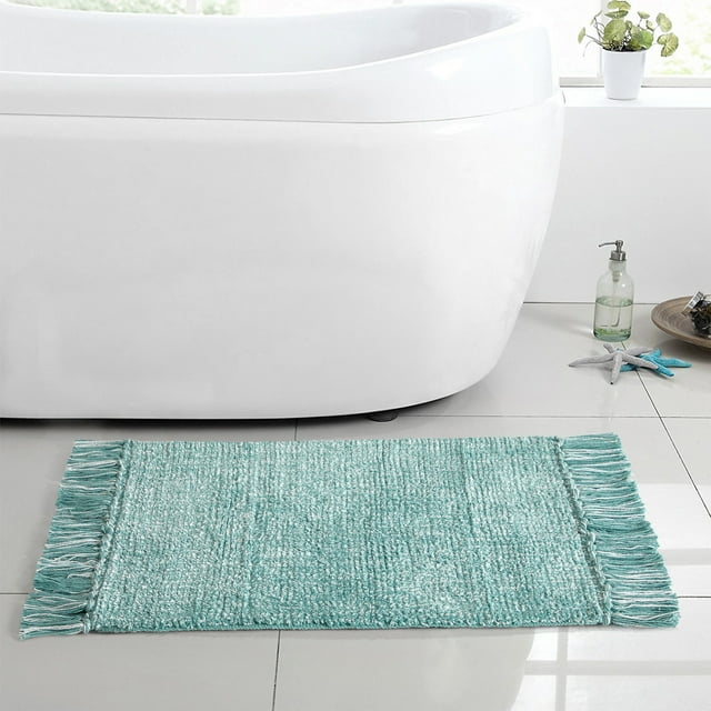 Better Homes & Gardens 100 Cotton Fringe 20" x 30" Aqua Reversible Bath Rug