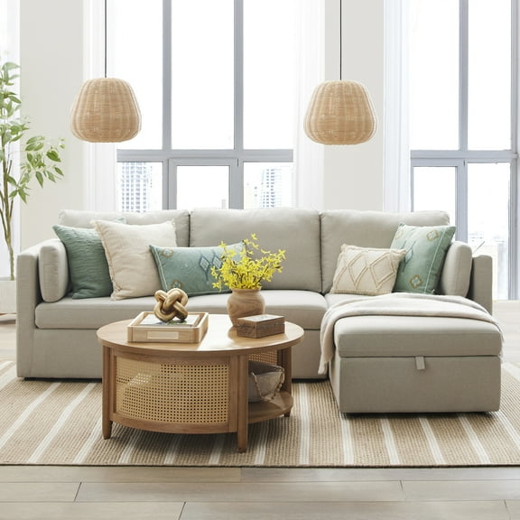 Better Homes & Gardens 100'' Modular Sectional Sofa with Storage Ottoman, White Linen