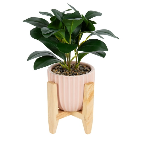 Better Homes & Gardens 11” x 4.4” Artificial Peperomia Plant in Pink Ribbed Ceramic Pot With Wooden Stand
