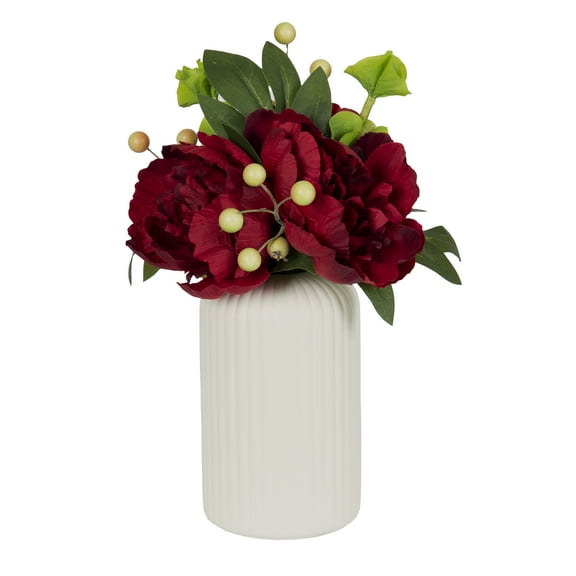 Better Homes & Gardens 12.75" Artificial Red Peony Flowers in Ribbed off-White Ceramic Vase