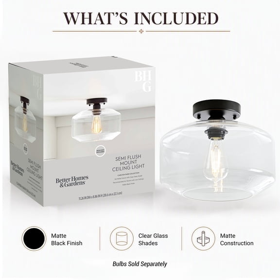 Better Homes & Gardens Architectural Semi-Flush Mount Ceiling Light, Matte Black Finish, Clear Glass Shade