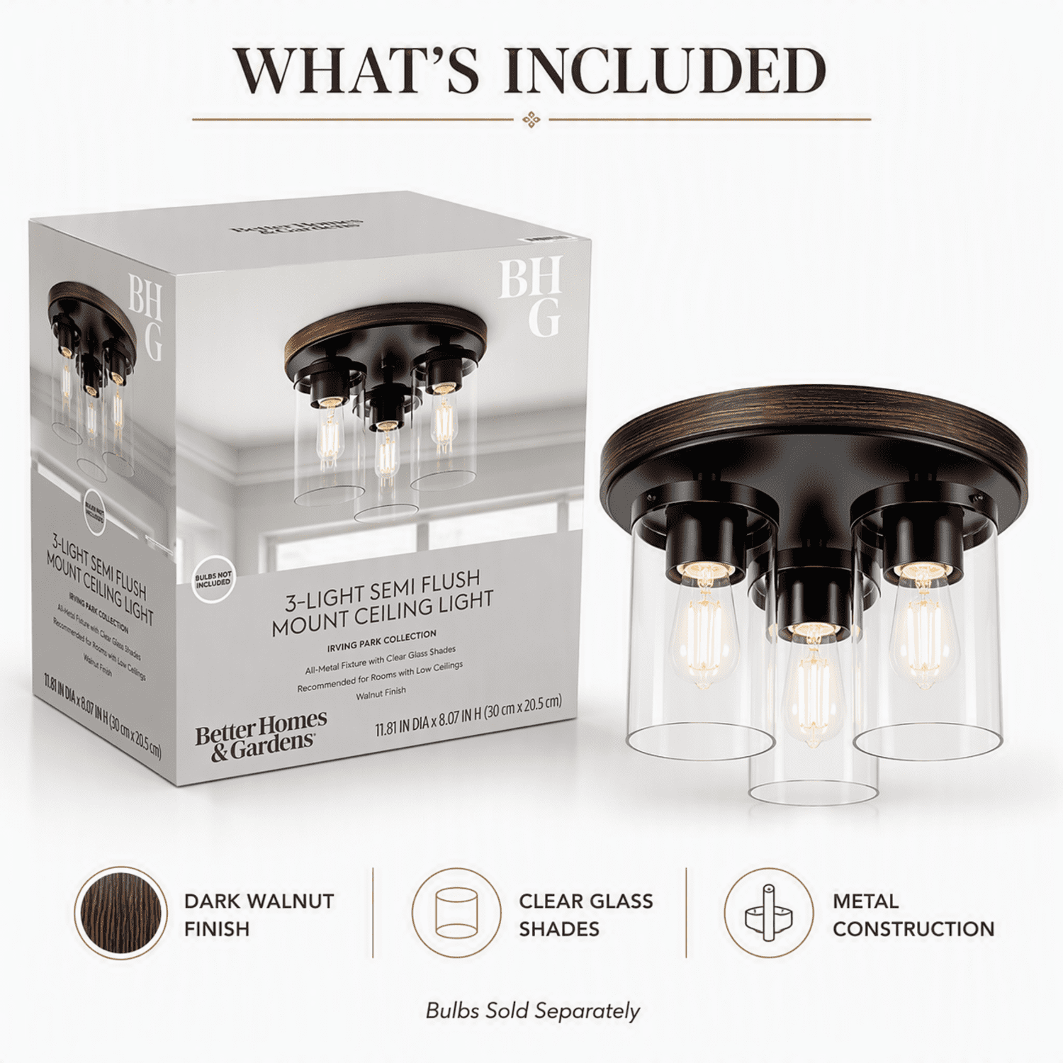 Better Homes & Gardens 12 in. Farmhouse 3-Light Walnut Flush Mount Ceiling Light with Clear Glass Shades