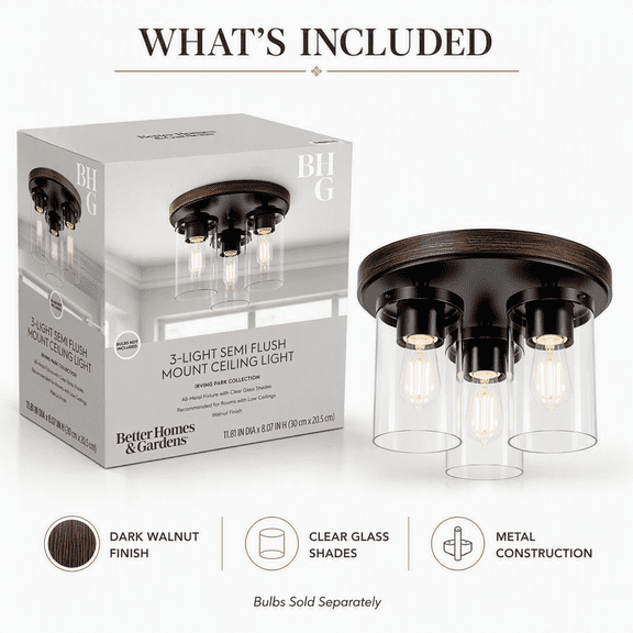 Better Homes & Gardens 12 in. Farmhouse 3-Light Walnut Flush Mount Ceiling Light with Clear Glass Shades