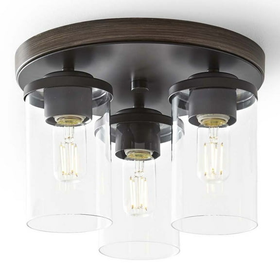 Better Homes & Gardens 12" Farmhouse 3-Light Walnut Flush Mount Ceiling Light, Clear Glass Shades
