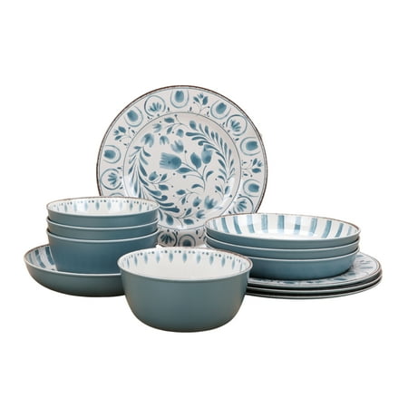 Better Homes & Gardens 12-Piece Bamboo Melamine Dinnerware Set, Blue