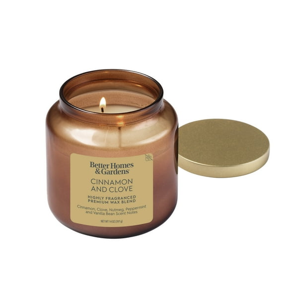 Better Homes & Gardens 2-Wick Bronze Glass Jar Candle with Gold Lid, Cinnamon & Clove, 14oz.