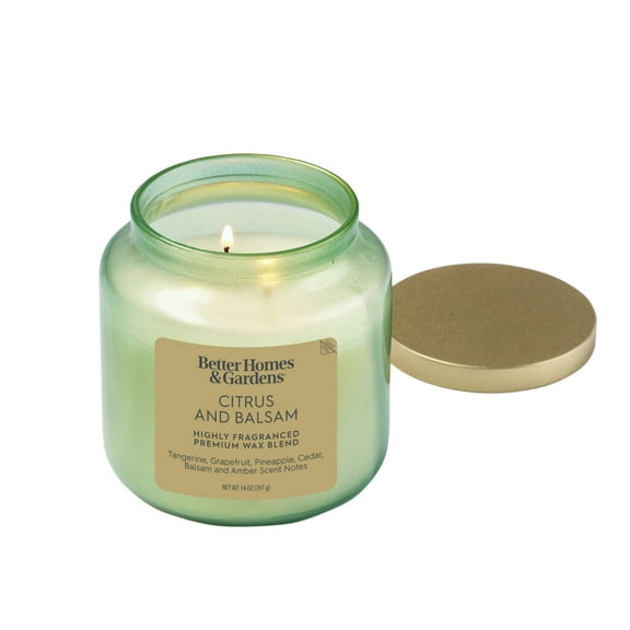 Better Homes & Gardens 2-Wick Green Glass Jar Candle with Gold Lid, Citrus & Balsam, 14oz.
