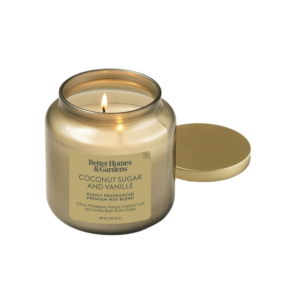 Better Homes & Gardens 2-Wick Gold Glass Jar Candle with Gold Lid, Coconut Sugar & Vanille, 14oz.