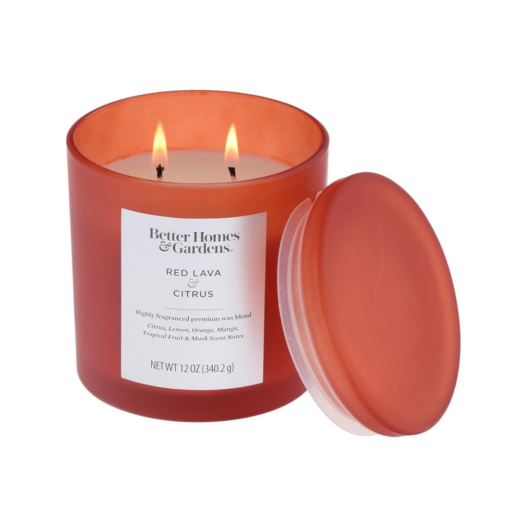 Better Homes Gardens 18oz Red Lava Citrus Scented 2 Wick Frosted Bell Jar Candle