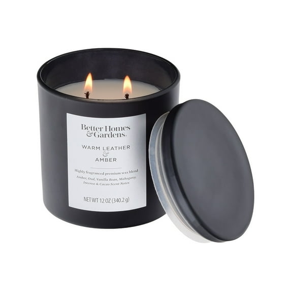 Better Homes & Gardens 12oz Warm Leather & Amber Scented 2-Wick Jar Candle with Glass Lid
