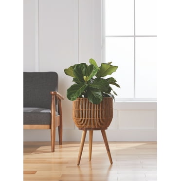 Better Homes & Gardens 13 Inch Round Brown Resin Rattan Planter & Stand with Acacia Wood Legs